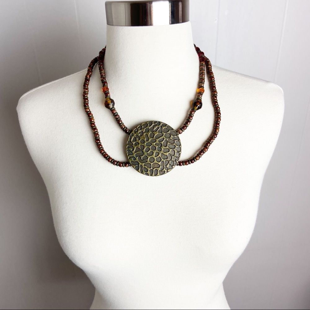 Large Pendant Real Stones Beaded Necklace Brown Adjustable